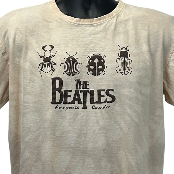 The Beatles Amazonia Ecuador T Shirt Beetles Bugs Tie Dye Beige Tee Mens L Large - Picture 1 of 6